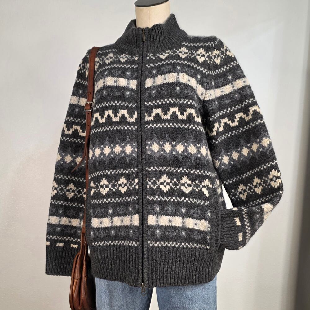 L.L.Bean Fair Isle Lambswool Zip Cardigan Gray Womens Size Large Cabin Wool